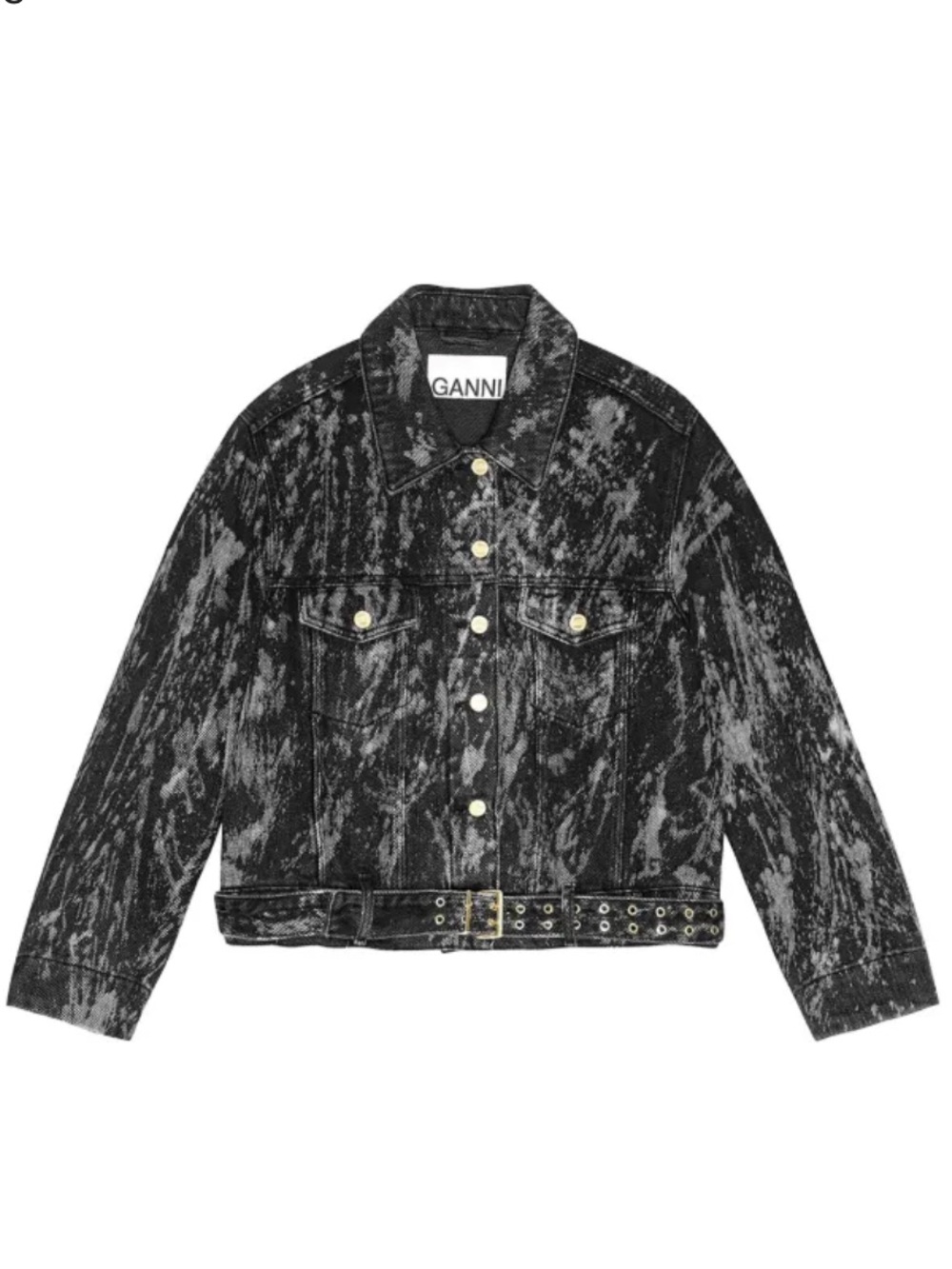 Ganni Black and Gray Acid-Wash Belted Denim Jacket